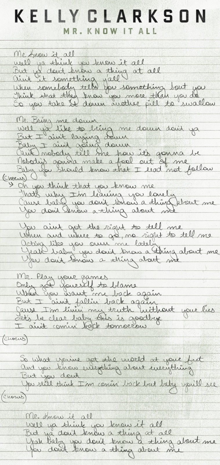 Kelly Clarkson Mr Know It All Handwritten Lyrics Mjsbigblog