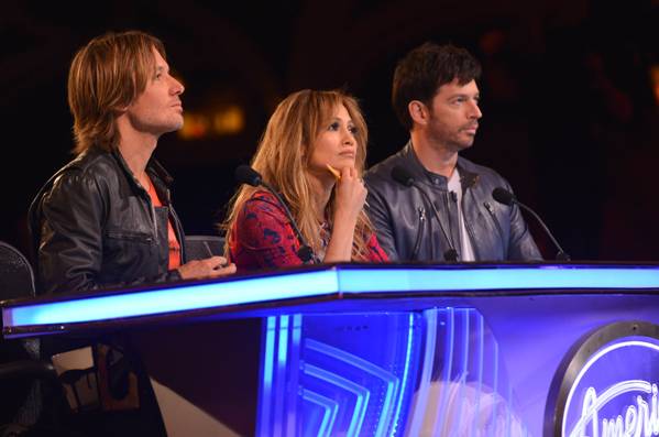 AMERICAN IDOL XIV: L-R: Judges Keith Urban, Jennifer Lopez and Harry Connick, Jr., during the "Hollywood Round" of AMERICAN IDOL XIV airing Wednesday, Feb. 4 (8:00-9:00 PM ET/PT) on FOX. CR: Michael Becker / FOX. © 2014 FOX Broadcasting Co.
