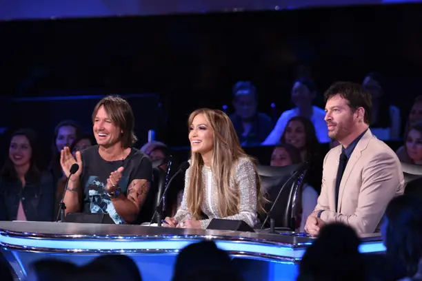 AMERICAN IDOL XIV: L-R: Keith Urban, Jennifer Lopez and Harry Connick, Jr., on AMERICAN IDOL XIV airing Wednesday, April 15 (8:00 PM-10:00 PM ET/PT) on FOX. CR: Michael Becker / FOX. © FOX Broadcasting. This image is embargoed until 10:00PM PT.