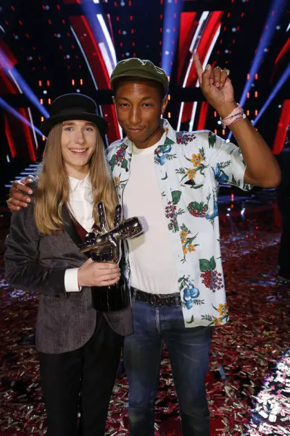 THE VOICE -- "Live Finals" Episode 818B -- Pictured: (l-r) Sawyer Fredericks, Pharrell Williams -- (Photo by: Trae Patton/NBC)