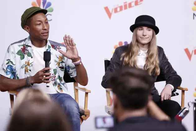 THE VOICE -- "Live Finale" Episode 818B -- Pictured: (l-r) Pharrell Williams, Sawyer Fredericks -- (Photo by: Tyler Golden/NBC)