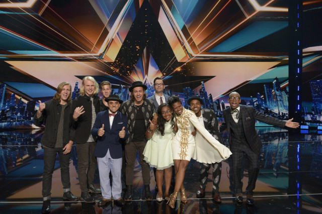AMERICA'S GOT TALENT -- Episode 1018 -- Pictured: (l-r) 3 Shades of Blue, Uzeyer Novruzov, Derek Hughes, Arielle Baril, Sharon Irving, The Craig Lewis Band -- (Photo by: Virginia Sherwood/NBC)