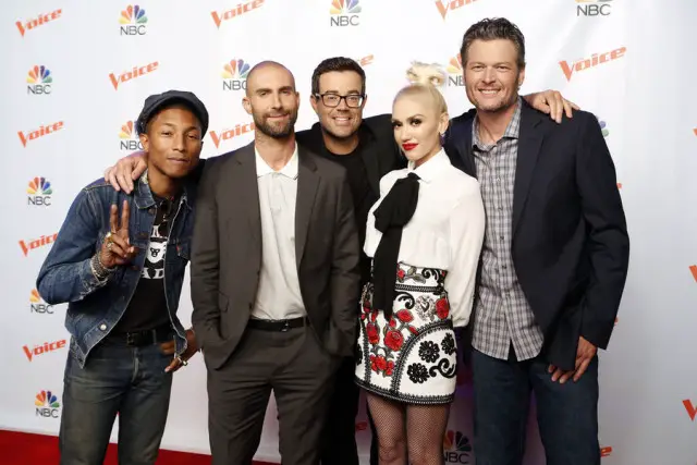 THE VOICE -- "Season 9 Press Junket" -- Pictured: (l-r) Pharrell Williams, Adam Levine, Carson Daly, Gwen Stefani, Blake Shelton -- (Photo by: Trae Patton/NBC)