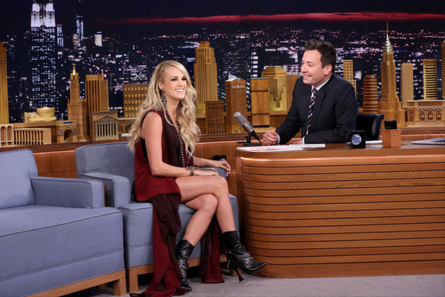 THE TONIGHT SHOW STARRING JIMMY FALLON -- Episode 0326 -- Pictured: (l-r) Singer Carrie Underwood during an interview with host Jimmy Fallon on September 10, 2015 -- (Photo by: Douglas Gorenstein/NBC)