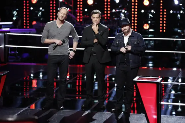 THE VOICE -- "Battle Rounds" -- Pictured: (l-r) Barrett Baber, Carson Daly, Dustin Christensen -- (Photo by: Tyler Golden/NBC)