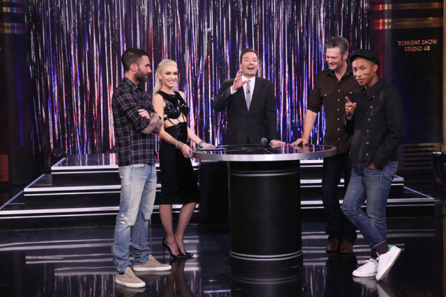 THE TONIGHT SHOW STARRING JIMMY FALLON -- Episode 0353 -- Pictured: (l-r) Singer Adam Levine, singer Gwen Stefani, host Jimmy Fallon, singer Blake Shelton, and singer Pharrell Williams play Spin the Microphone with The Voice Coaches on October 26, 2015 -- (Photo by: Douglas Gorenstein/NBC)