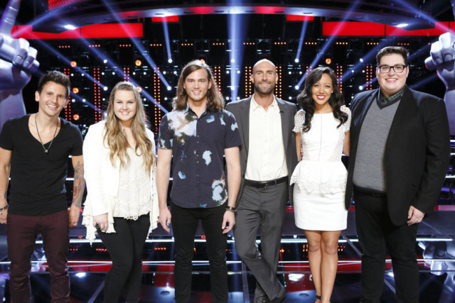 THE VOICE -- "Knockout Rounds" -- Pictured: Keith Semple, Shelby Brown, Blaine Mitchell, Adam Levine, Amy Vachal, Jordan Smith -- (Photo by: Trae Patton/NBC)