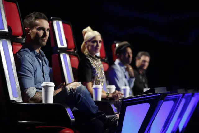 THE VOICE -- "Live Playoffs" Episode 913C -- Pictured: (l-r) Adam Levine, Gwen Stefani, Pharrell Williams, Blake Shelton -- (Photo by: Trae Patton/NBC)