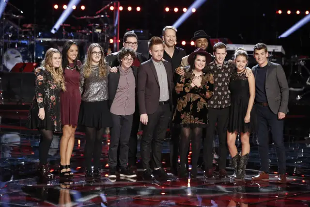 THE VOICE -- "Live Playoffs" Episode 913C -- Pictured: (l-r) Shelby Brown, Amy Vachal, Korin Bukowski, Braiden Sunshine, Jordan Smith, Jeffery Austin, Barrett Baber, Madi Davis, Mark Hood, Evan McKeel, Emily Ann Roberts, Zach Seabaugh -- (Photo by: Tyler Golden/NBC)