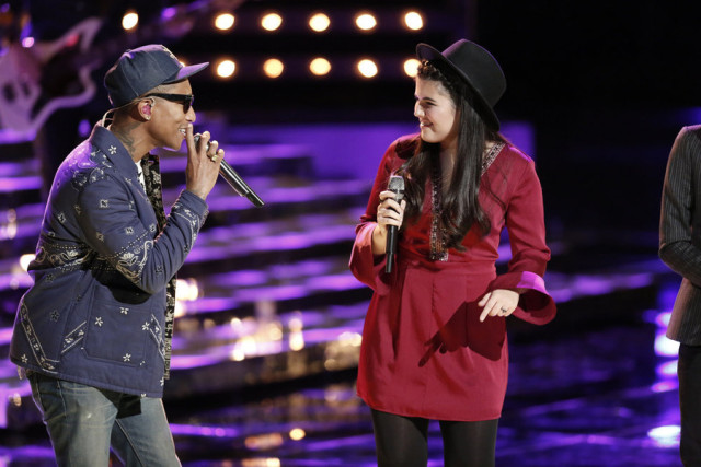 THE VOICE -- "Live Top 12" Episode 914B -- Pictured: (l-r) Pharrell Williams, Madi Davis -- (Photo by: Tyler Golden/NBC)