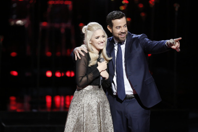 THE VOICE -- "Live Top 11" Episode 915A -- Pictured: (l-r) Korin Bukowski, Carson Daly -- (Photo by: Tyler Golden/NBC)