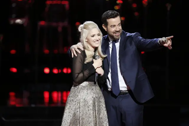 THE VOICE -- "Live Top 11" Episode 915A -- Pictured: (l-r) Korin Bukowski, Carson Daly -- (Photo by: Tyler Golden/NBC)