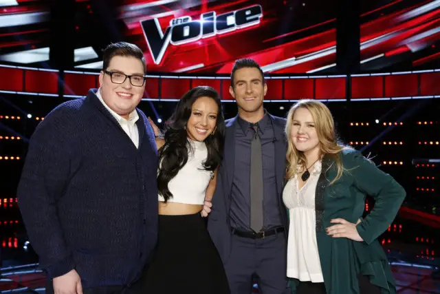 The Voice 9 Song Spoilers Top 10 Performances -- Pictured: (l-r) Jordan Smith, Amy Vachal, Adam Levine, Shelby Brown -- (Photo by: Trae Patton/NBC)