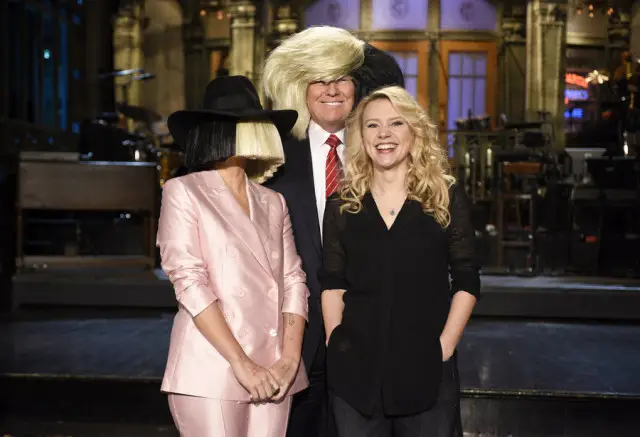 Donald Trump Skits Saturday Night Live 11/7/15 -- Pictured: (l-r) Sia, Donald Trump, and Kate McKinnon on November 5, 2015 -- (Photo by: Dana Edelson/NBC)
