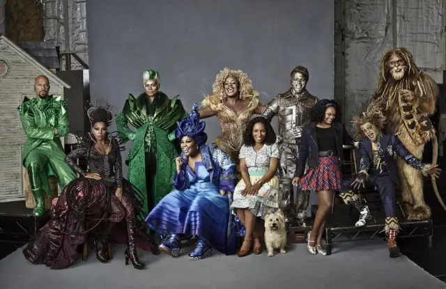THE WIZ LIVE! -- Season: 2015 -- Pictured: (l-r) Common as The Bouncer, Mary J. Blige as Evillene, Queen Latifah as The Wiz, Amber Riley as Addapearle, Uzo Aduba as Glinda, Stephanie Mills as Auntie Em, Toto, Ne-Yo as Tin-Man, Shanice Williams as Dorothy, Elijah Kelley as Scarecrow, David Alan Grier as The Cowardly Lion -- (Photo by: Paul Gilmore/NBC)