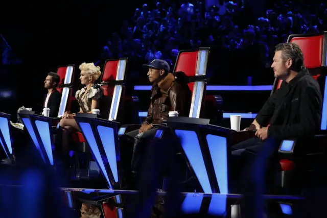 THE VOICE -- "Live Top 10" Episode 916B -- Pictured: (l-r) Adam Levine, Gwen Stefani, Pharrell Williams, Blake Shelton -- (Photo by: Trae Patton/NBC)