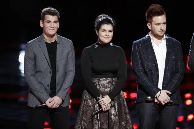 THE VOICE -- "Live Semis" Episode 917B -- Pictured: (l-r) Zach Seabaugh, Madi Davis, Jeffery Austin -- (Photo by: Tyler Golden/NBC)