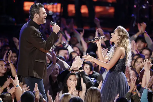 THE VOICE -- "Live Finale" Episode 918A -- Pictured: (l-r) Blake Shelton, Emily Ann Roberts -- (Photo by: Tyler Golden/NBC)