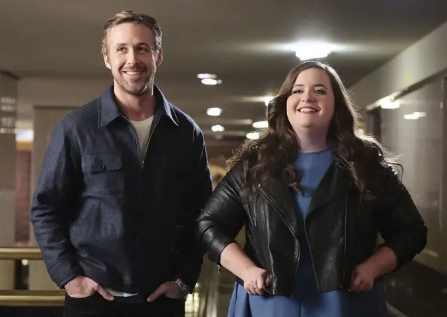 Ryan Gosling Skits Saturday Night Live - Pictured: (l-r) Ryan Gosling and Aidy Bryant on December 1, 2015 -- (Photo by: Dana Edelson/NBC)