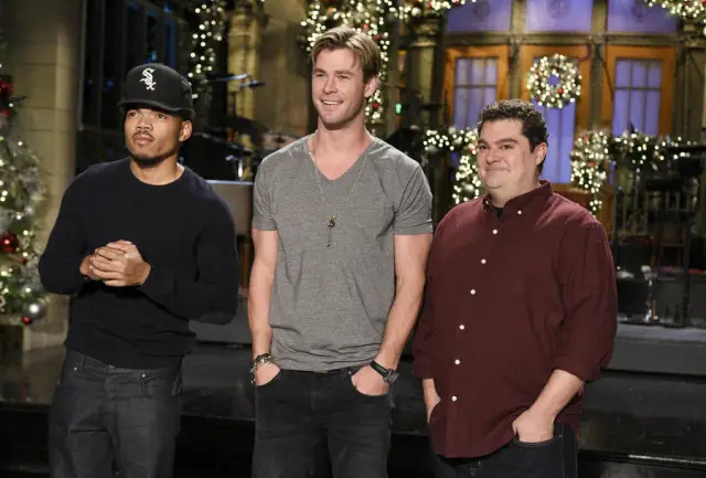 SATURDAY NIGHT LIVE -- "Chris Hemsworth" Episode 1691 -- Pictured: (l-r) Chance The Rapper, Chris Hemsworth, and Bobby Moynihan on December 10, 2015 -- (Photo by: Dana Edelson/NBC)