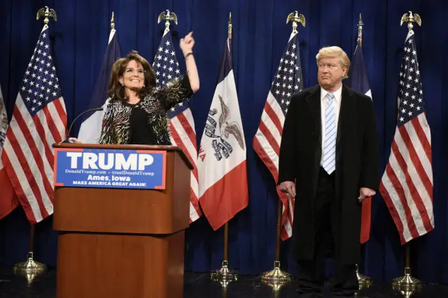 SATURDAY NIGHT LIVE -- "Ronda Rousey" Episode 1694 -- Pictured: (l-r) Tina Fey as Sarah Palin and Darrell Hammond as Donald Trump during the "Palin Endorsement Cold Open" sketch on January 23, 2016 -- (Photo by: Dana Edelson/NBC)