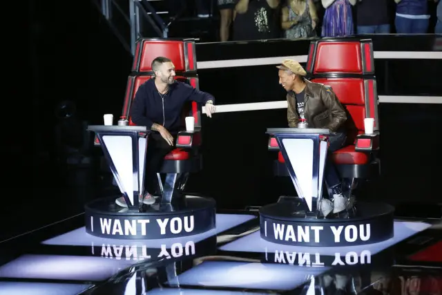 THE VOICE -- Blind Auditions -- Pictured: (l-r) Adam Levine, Pharrell Williams -- (Photo by: Trae Patton/NBC)