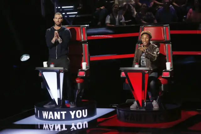 THE VOICE -- Blind Auditions -- Pictured: (l-r) Adam Levine, Pharrell Williams -- (Photo by: Trae Patton/NBC)