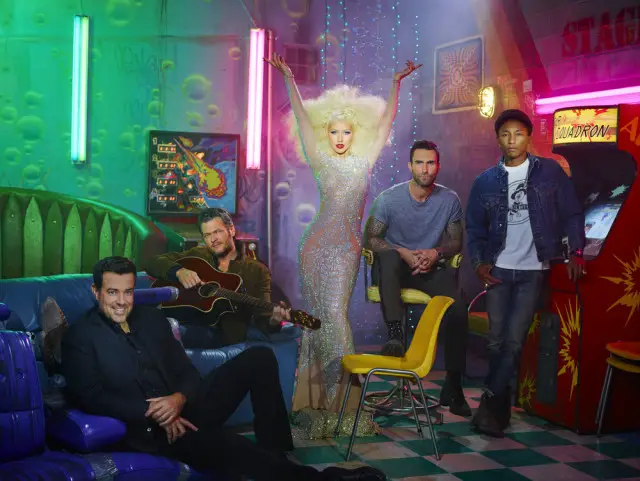 THE VOICE -- Season: 10 -- Pictured: (l-r) Carson Daly, Blake Shelton, Christina Aguilera, Adam Levine, Pharrell Williams -- (Photo by: David LaChapelle/NBC)