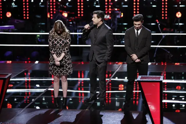 THE VOICE -- "Battle Rounds" -- Pictured: (l-r) Caity Peters, Carson Daly, Joe Vivona -- (Photo by: Tyler Golden/NBC)