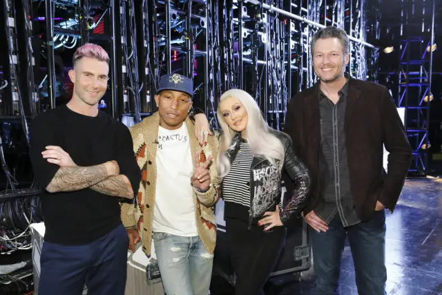 THE VOICE -- "Knockout Rounds" -- Pictured: (l-r) Adam Levine, Pharrell Williams, Christina Aguilera, Blake Shelton -- (Photo by: Trae Patton/NBC)