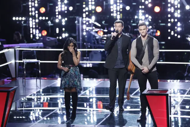 THE VOICE -- "Knockout Rounds" -- Pictured: (l-r) Moushumi Chitre, Carson Daly, Nick Hagelin -- (Photo by: Tyler Golden/NBC)