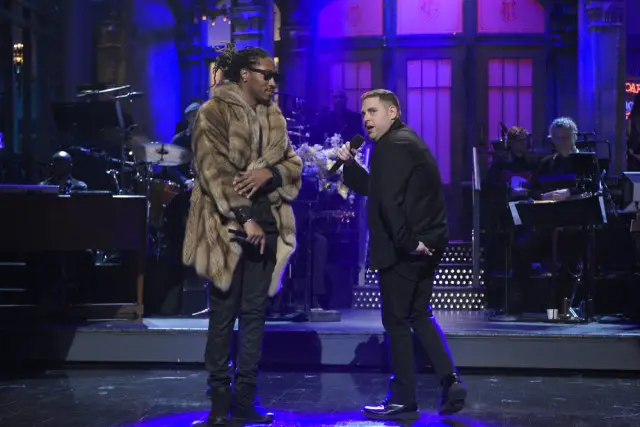 SATURDAY NIGHT LIVE -- "Jonah Hill" Episode 1697 -- Pictured: (l-r) Musical guest Future and host Jonah Hill during the monologue on March 5, 2016 -- (Photo by: Dana Edelson/NBC)