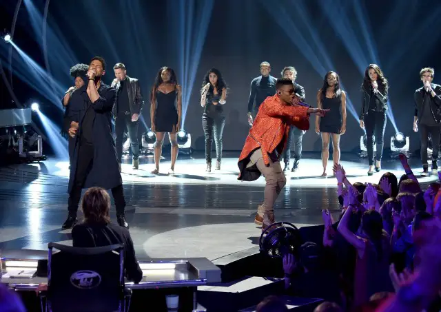 AMERICAN IDOL: Top 5: Jussie Smollett (L) and Bryshere Gray (R) of EMPIRE perform with the top 6 contestants on AMERICAN IDOL airing Thursday, March 17 (8:00-10:00 PM ET/PT) on FOX. © 2016 FOX Broadcasting Co. Cr: Ray Mickshaw/ FOX. This image is embargoed until Thursday, March 17,10:00PM PT / 1:00AM ET