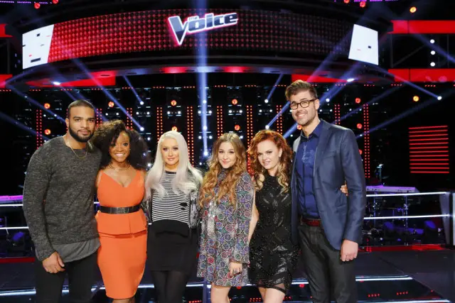 THE VOICE -- "Knockout Rounds" -- Pictured: (l-r) Bryan Bautista, Tamar Davis, Christina Aguilera, Alisan Porter, Kata Hay, Ryan Quinn -- (Photo by: Trae Patton/NBC)