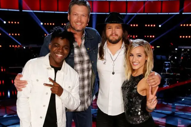 THE VOICE -- "Live Playoffs" Episode 1012C -- Pictured: (l-r) Paxton Ingram, Blake Shelton, Adam Wakefield, Mary Sarah -- (Photo by: Trae Patton/NBC) Wednesday, April 13 on NBC (8-9 p.m. ET)