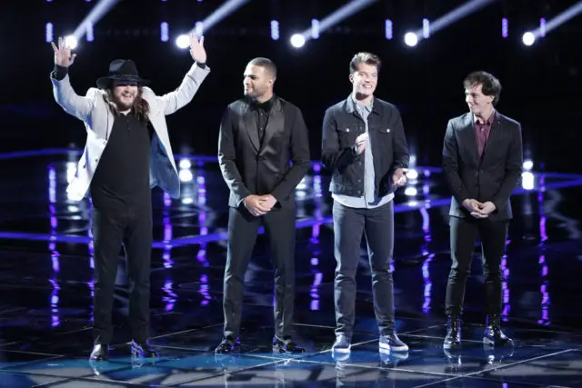 THE VOICE -- "Live Top 11" Episode 1014B -- Pictured: (l-r) Adam Wakefield, Bryan Bautista, Daniel Passino, Owen Danoff -- (Photo by: Tyler Golden/NBC)
