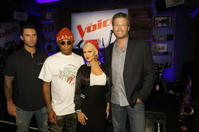 THE VOICE -- "Karaoke Press Event" -- Pictured: (l-r) Adam Levine, Pharrell Williams, Christina Aguilera, Blake Shelton -- (Photo by: Trae Patton/NBC)