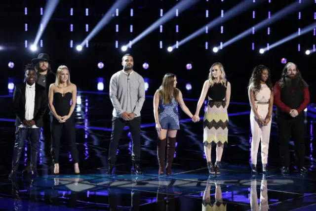 THE VOICE -- "Live Semi Finals" Episode 1017B -- Pictured: (l-r) Paxton Ingram, Adam Wakefield, Mary Sarah, Bryan Bautista, Alisan Porter, Hannah Huston, Shalyah Fearing, Laith Al-Saadi -- (Photo by: Tyler Golden/NBC)