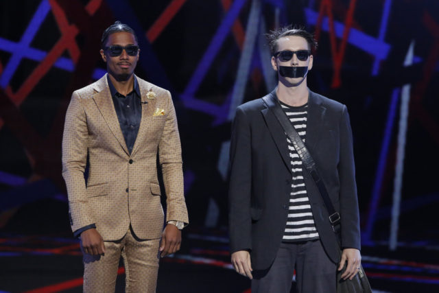 AMERICA'S GOT TALENT -- "Live Show 1" Episode: 1112 -- Pictured: (l-r) Nick Cannon, Tape Face -- (Photo by: Trae Patton/NBC)