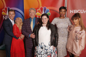 NBCUNIVERSAL EVENTS -- NBCUniversal Summer Press Tour, August 2, 2016 -- NBC's "Hairspray Live!" cast -- Pictured: (l-r) Derek Hough, Kristin Chenoweth, Harvey Fierstein, Maddie Baillio, Jennifer Hudson, Ariana Grande -- (Photo by: Chris Haston/NBCUniversal)