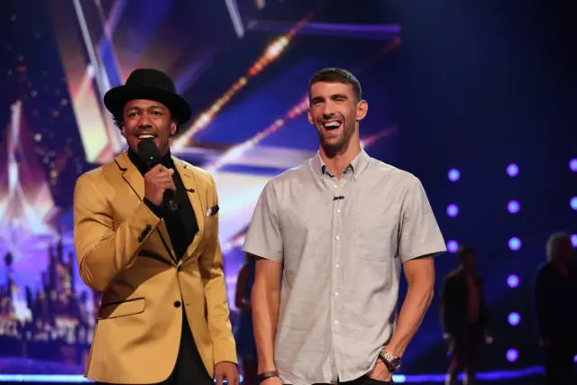 AMERICA'S GOT TALENT -- "Live Results 3" Episode: 1117 -- Pictured: (l-r) Nick Cannon, Michael Phelps -- (Photo by: Vivian Zink/NBC)