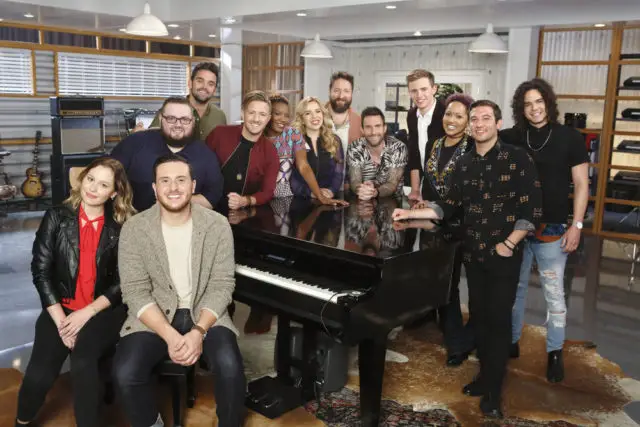 THE VOICE -- "Team Adam Battle Reality" -- Pictured: (l-r) Natasha Bure, Ponciano Seoane, JSoul, Brendan Fletcher, Billy Gilman, Simone Gundy, Elia Esparza, Nolan Neal, Adam Levine, Riley Elmore, Bindi Liebowitz, Andrew Demuro, Johnny Rez -- (Photo by: Trae Patton/NBC)