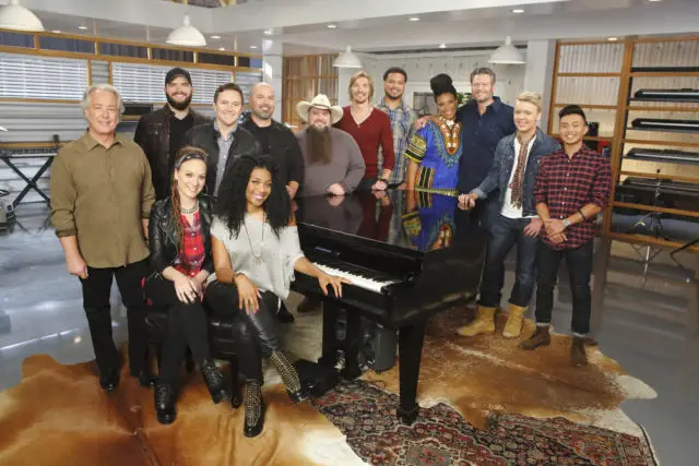 THE VOICE -- "Team Blake Battle Reality" -- Pictured: (l-r) Dan Shaffer, Josh Gallagher, Tarra Layne, Gabe Broussard, Courtney Harrell, Blaine Long, Sundance Head, Austin Allsup, Ethan Tucker, Dana Harper, Blake Shelton, Preston James, Christian Fermin -- (Photo by: Trae Patton/NBC)