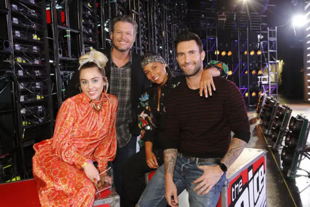 THE VOICE -- "Battle Rounds" -- Pictured: (l-r) Miley Cyrus, Blake Shelton, Alicia Keys, Adam Levine -- (Photo by: Trae Patton/NBC)