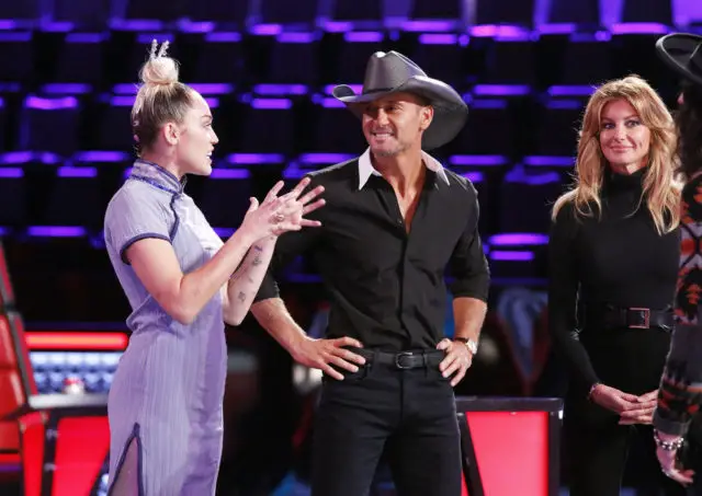 THE VOICE -- "Knockout Reality" -- Pictured: (l-r) Miley Cyrus, Tim McGraw, Faith Hill -- (Photo by: Trae Patton/NBC)