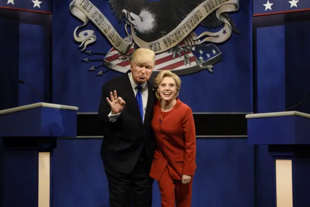 SATURDAY NIGHT LIVE -- "Margot Robbie" Episode 1705 -- Pictured: (l-r) Alec Baldwin as Republican Presidential Candidate Donald Trump and Kate McKinnon as Democratic Presidential Candidate Hillary Clinton during the "Debate Cold Open" sketch on October 1, 2016 -- (Photo by: Will Heath/NBC)