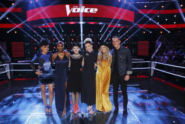 THE VOICE -- "Knockout Rounds" -- Pictured: (l-r) Sophia Urista, Ali Caldwell, Belle Jewel, Miley Cyrus, Darby Walker, Aaron Gibson -- (Photo by: Trae Patton/NBC)
