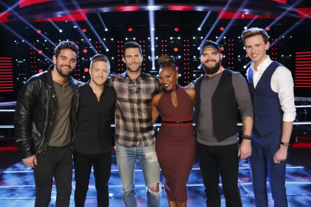 THE VOICE -- "Knockout Rounds" -- Pictured: (l-r) Brendem Fletcher, Billy Gilman, Adam Levine, Simone Gundy, Josh Gallagher, Riley Elmore -- (Photo by: Trae Patton/NBC)