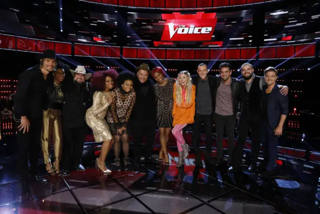 THE VOICE -- "Live Playoffs" Episode: 1113A -- Pictured: (l-r) Austin Allsup, Courtney Harrell, Sundance Head, SaRayah, We McDonald, Christian Cuevas, Ali Caldwell, Darby Walker, Aaron Gibson, Brendan Fletcher, Josh Gallagher, Billy Gilman -- (Photo by: Trae Patton/NBC)