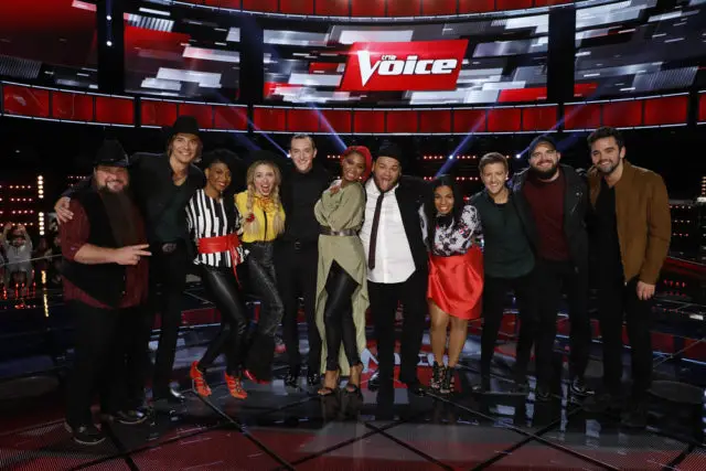 THE VOICE -- "Live Top 12" Episode: 1114B -- Pictured: (l-r) Sundance Head, Austin Allsup, Courtney Harrell, Darby Walker, Aaron Gibson, Ali Caldwell, Christian Cuevas,We McDonald, Billy Gilman, Josh Gallagher, Brendan Fletcher -- (Photo by: Trae Patton/NBC)